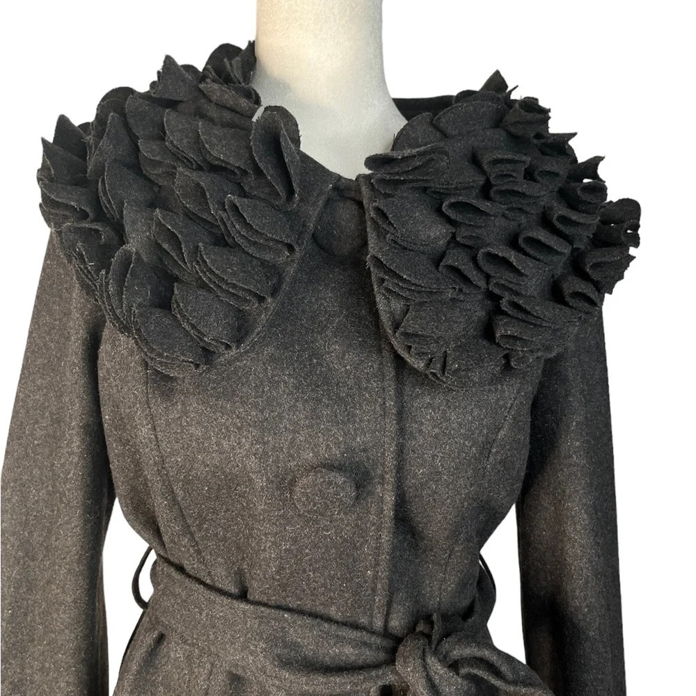 Feratelli Elegant Black Pea Coat with Ruffle Details - Picture 4 of 10